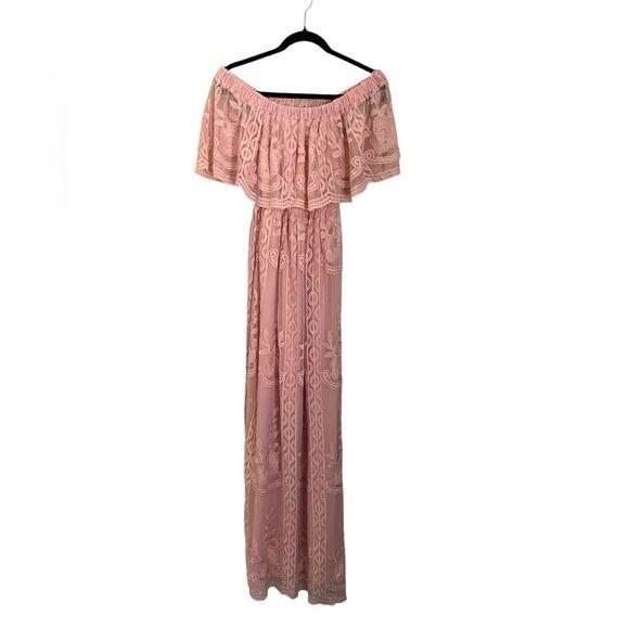Lilly’s Kloset Boho Off the Shoulder Floral Pink Blush Lace Dress Size M - Picture 1 of 8